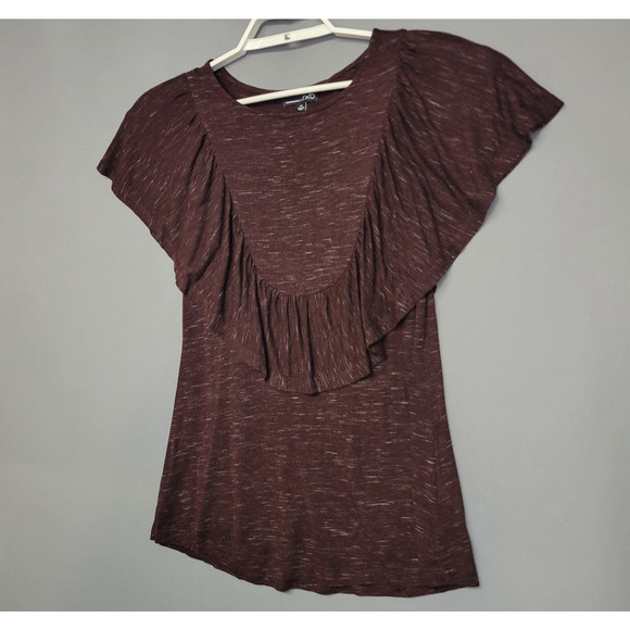 RXB Ruffle Top Womens XS Burgundy Heathered Stretches Flutter Sleeves - Picture 2 of 11
